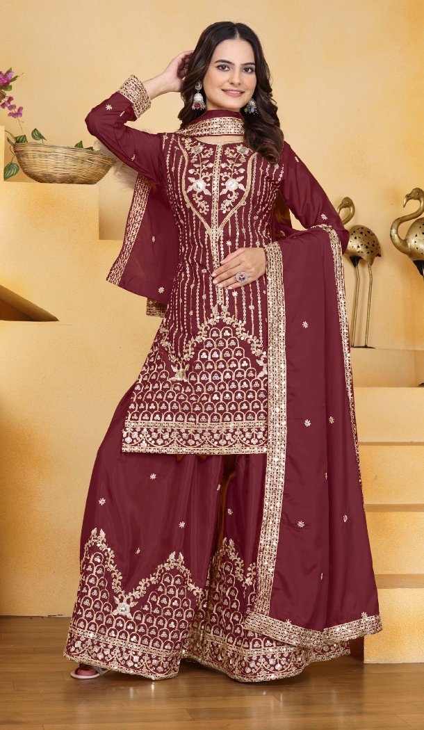Maroon Natural Crepe Embroidery Party Wear Palazzo - 219199