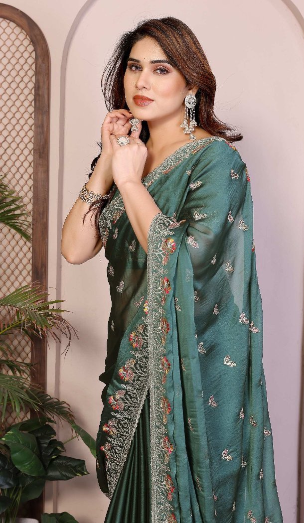 Teal Green Rangoli Silk Festive Party Wear Saree - 219341
