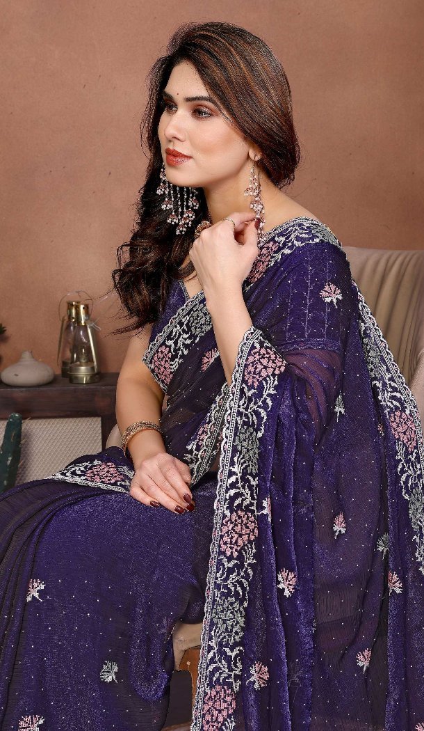 Purple Chiffon Silk Embroidery Party Wear Saree - 219342