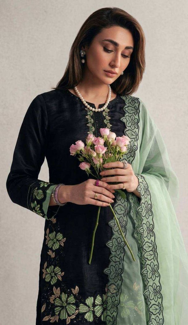 Black Roman Glass Silk Party Wear Punjabi Suit - 219446