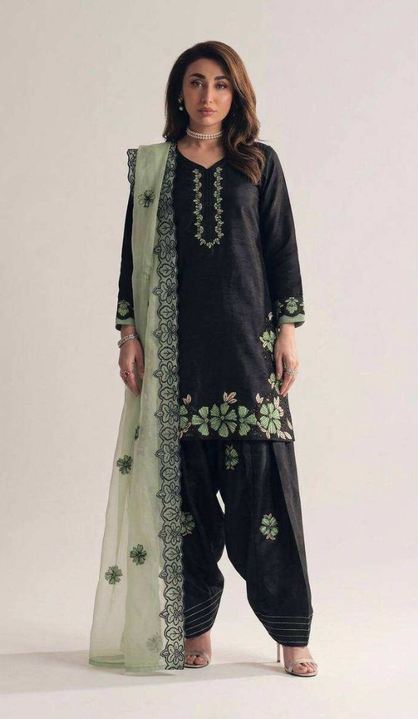 Black Roman Glass Silk Party Wear Punjabi Suit - 219446