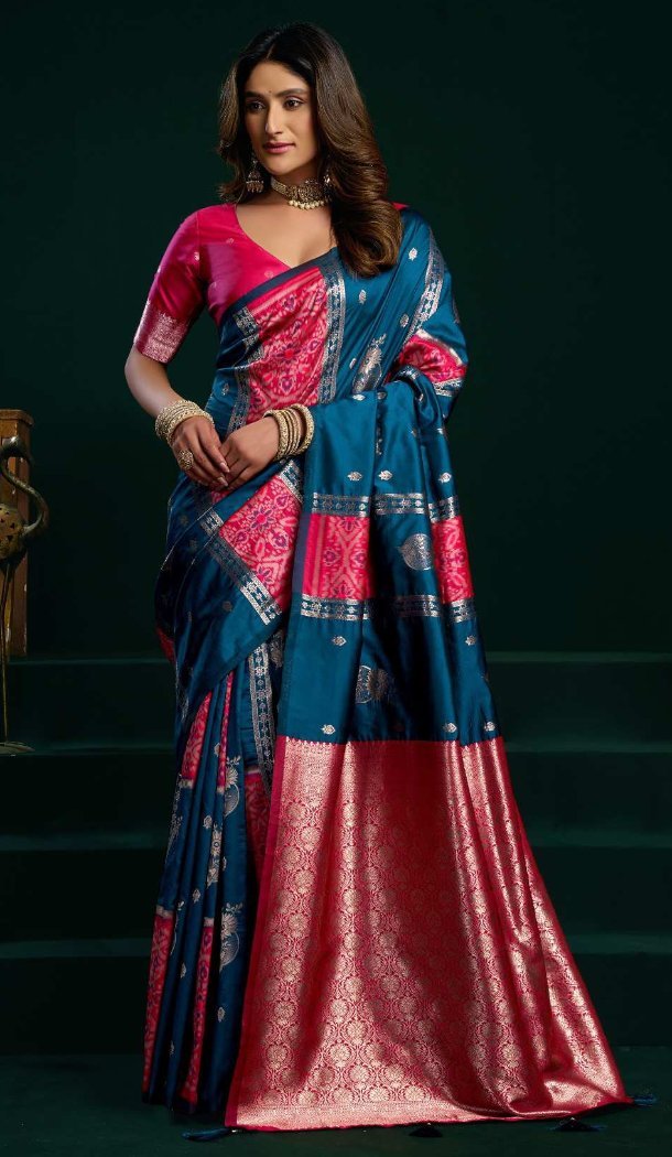 Teal Blue Soft Silk Jacquard Work Party Wear Saree - 219470