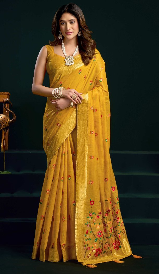 Yellow Cotton Mina Work Party Wear Saree - 219474