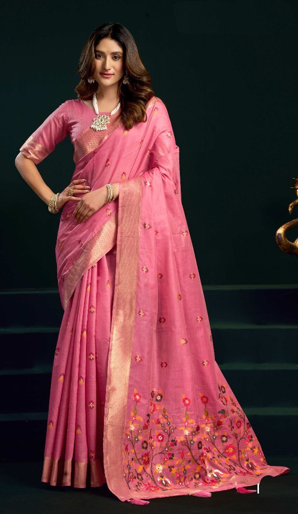 Pink Cotton Mina Work Party Wear Saree - 219476