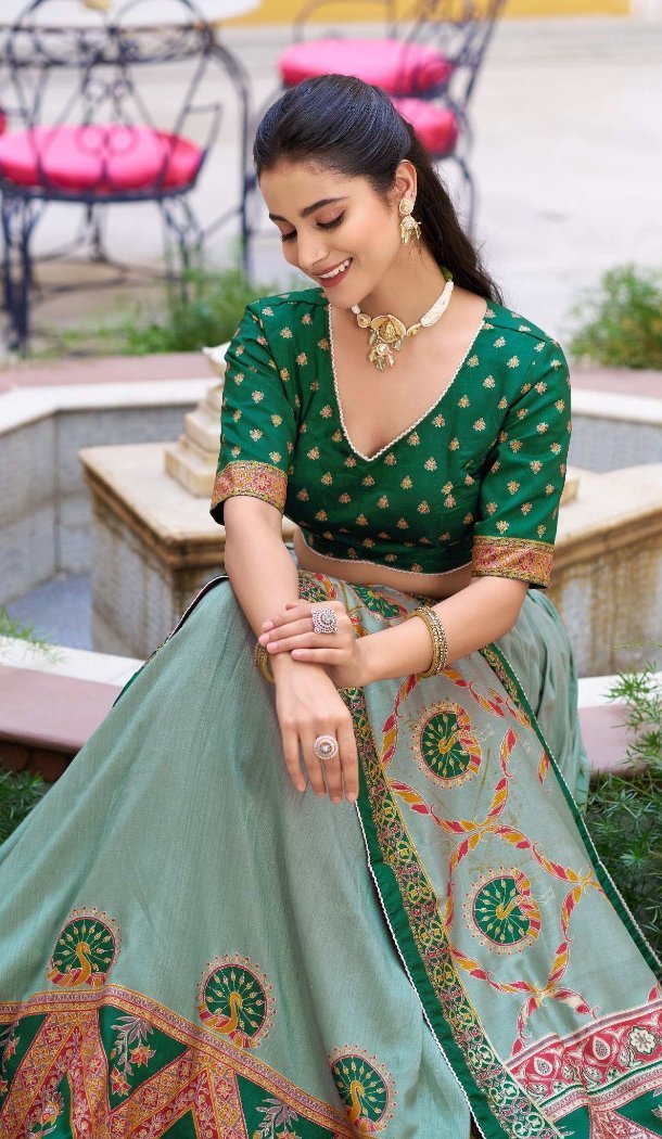 Green Tasar Silk Printed Lehenga Choli - 219491