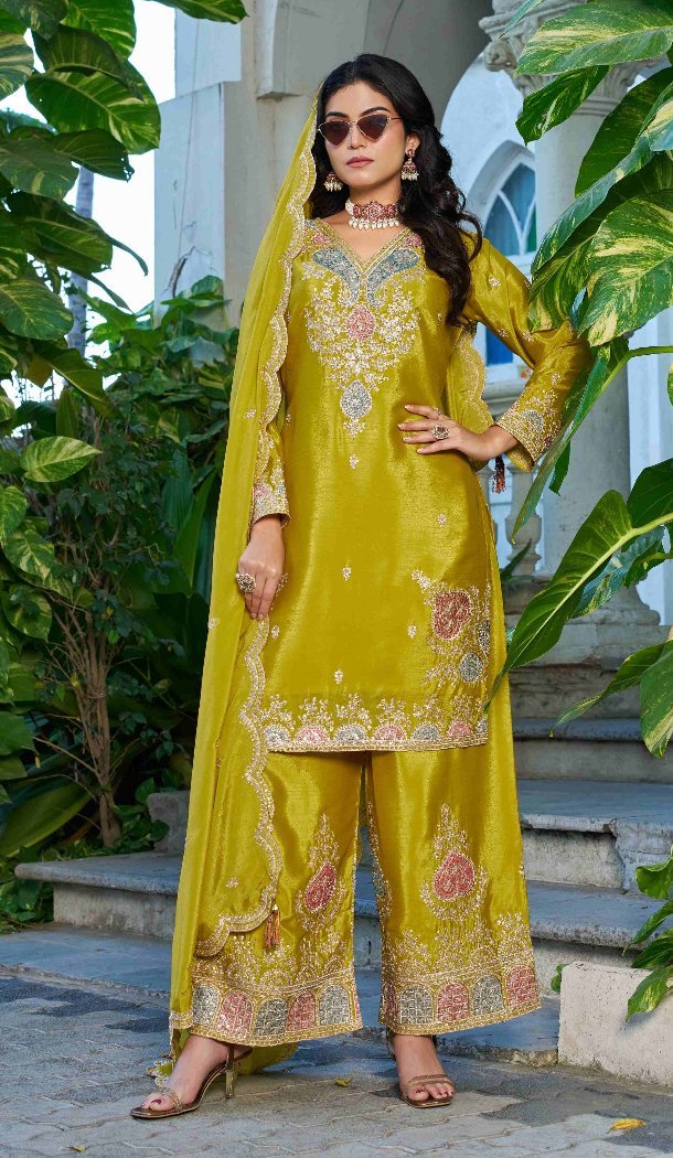 Yellow Chinon Designer Palazzo Suit with Sequence Work - 219670