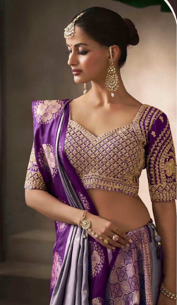 Lavender Pure Satin Silk Embroidery Work Saree - 219698