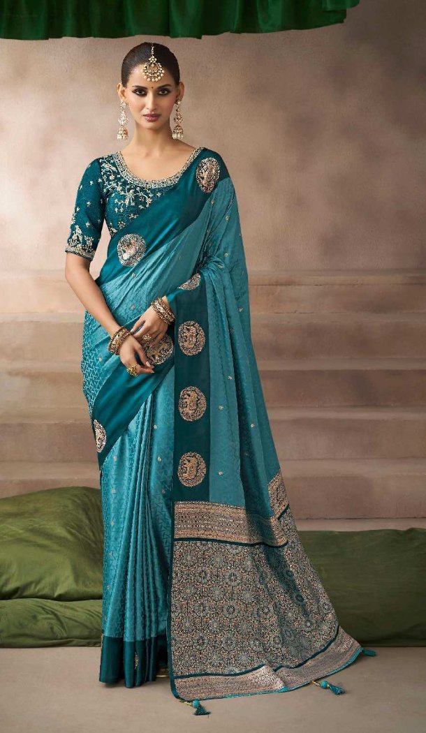 Blue Pure Satin Silk Embroidery Designer Saree - 219699