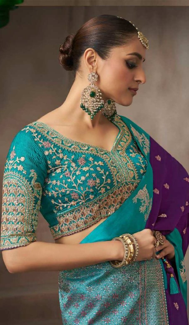 Purple Pure Satin Silk Embroidery Work Saree - 219700