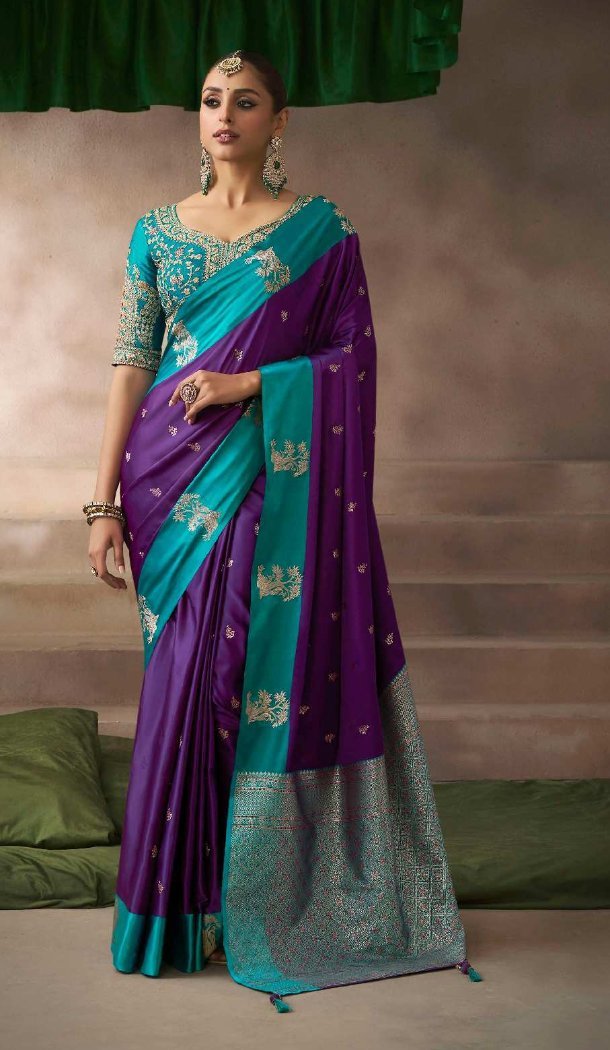 Purple Pure Satin Silk Embroidery Work Saree - 219700