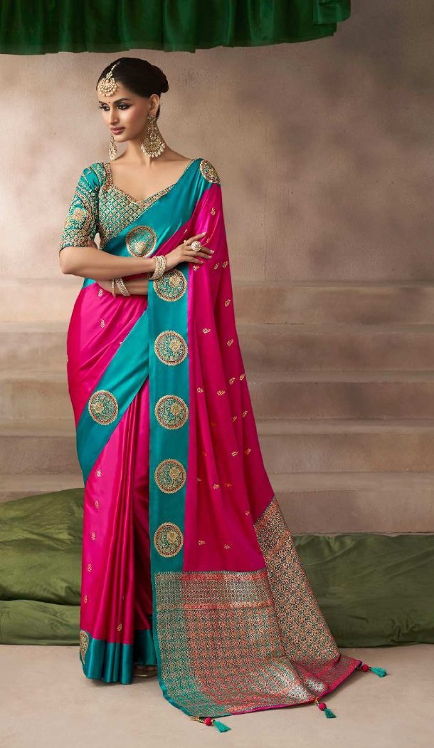Rani Pink Pure Satin Silk Designer Embroidery Saree - 219701