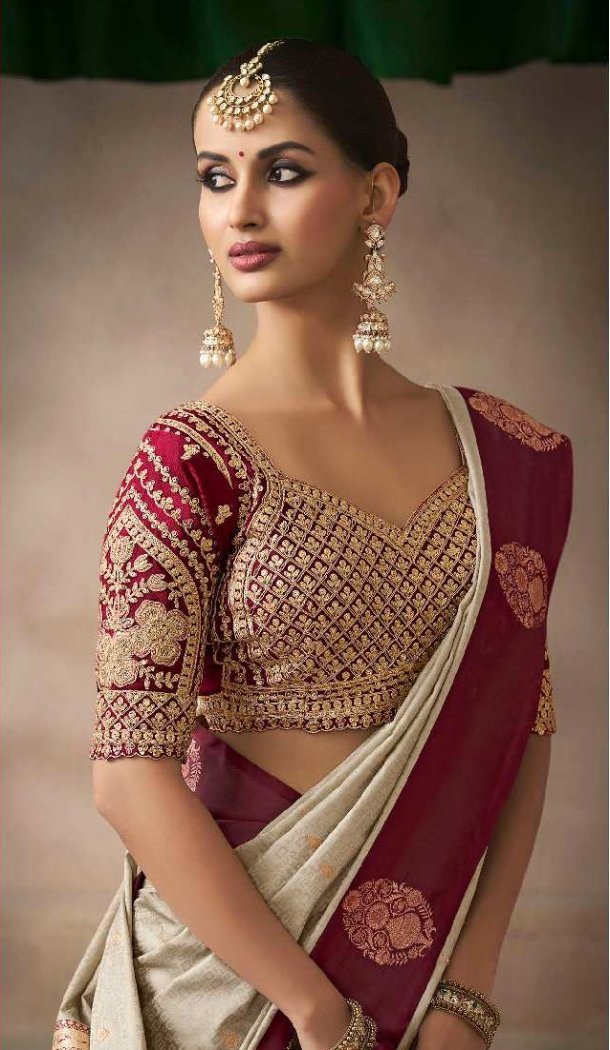 Beige Pure Satin Silk Embroidery Work Saree - 219703