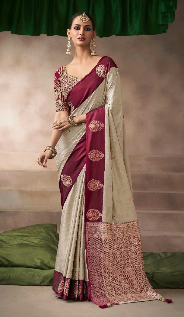 Beige Pure Satin Silk Embroidery Work Saree - 219703