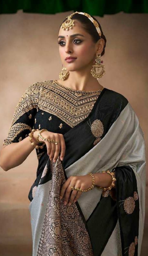 Grey Pure Satin Silk Designer Embroidery Saree - 219704