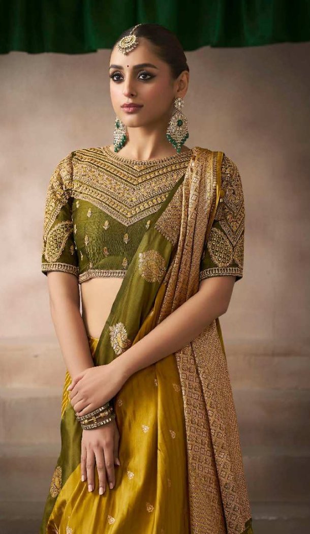 Olive Green Pure Satin Silk Embroidery Work Saree - 219705