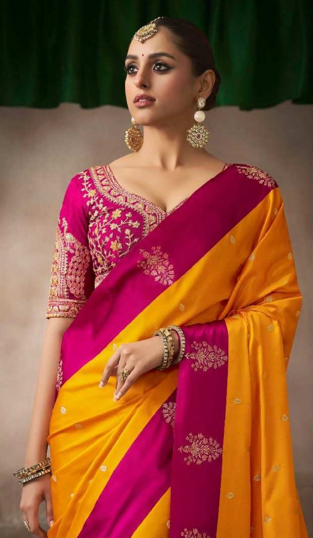 Mustard Pure Satin Silk Embroidery Designer Saree - 219706