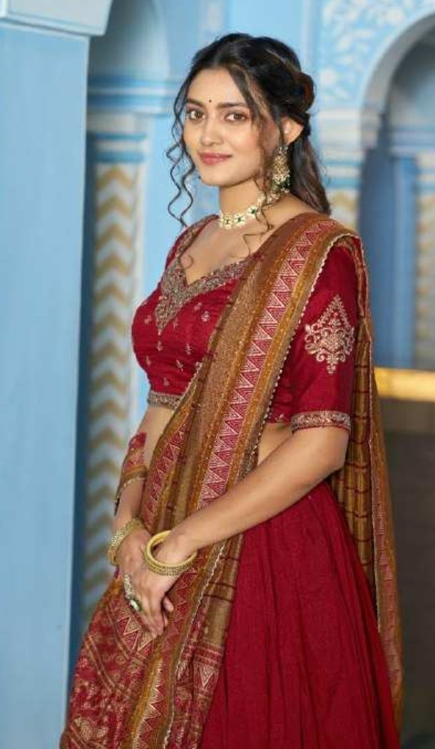 Maroon Vichitra Silk Embroidery Party Wear Lehenga - 219730
