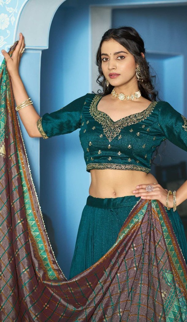 Teal Vichitra Silk Designer Embroidery Lehenga - 219732