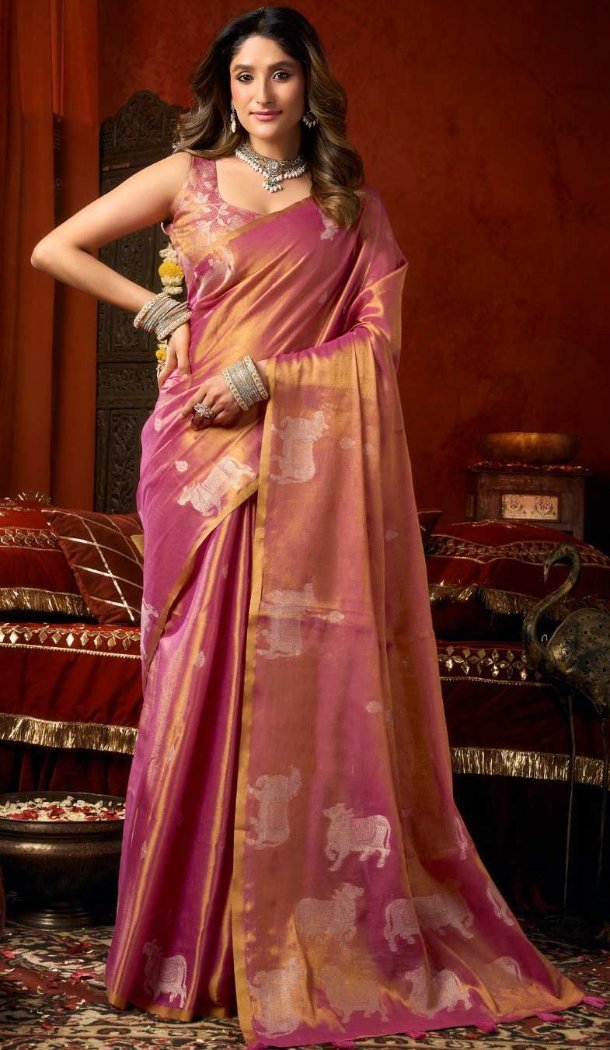 Elegant Pink Heavy Tissue Silk Party Wear Saree with Butta Work - 219782