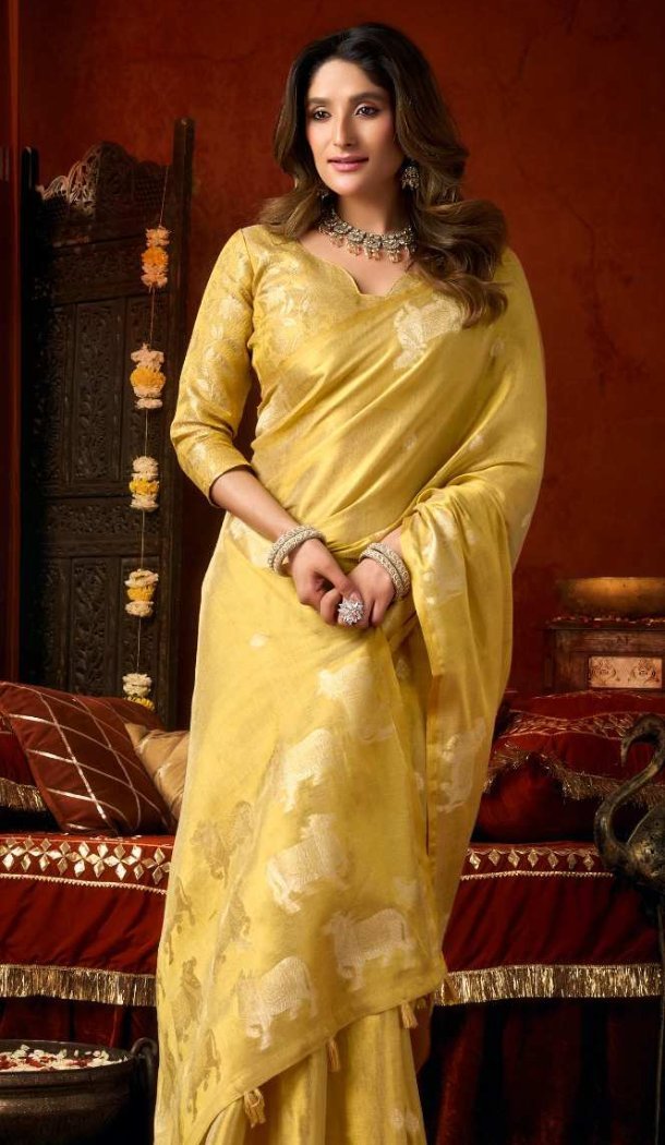 Yellow Heavy Tissue Silk Cow Butta Party Wear Saree - 219787