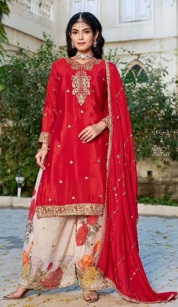 Red Chinon Festive Embroidery Work Suit - 219809