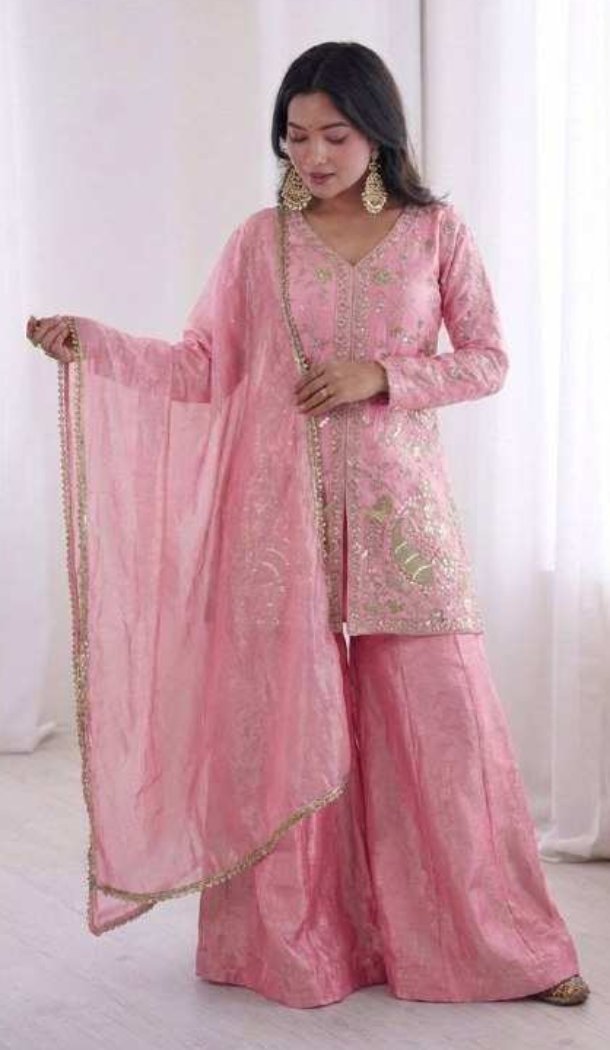 Light Pink Pure Fendy Silk Sequence Work Palazzo Suit - 219896
