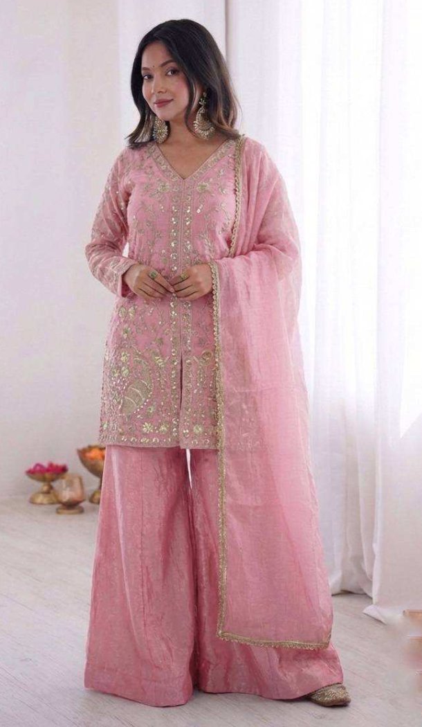 Light Pink Pure Fendy Silk Sequence Work Palazzo Suit - 219896