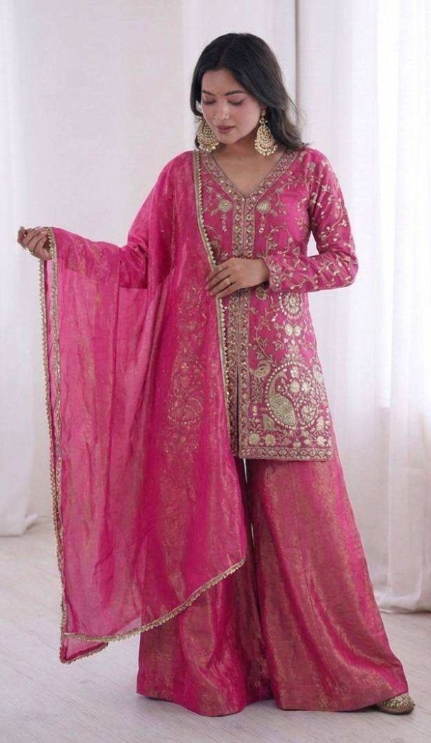 Pink Pure Fendy Silk Embroidery Sequence Palazzo Suit - 219899