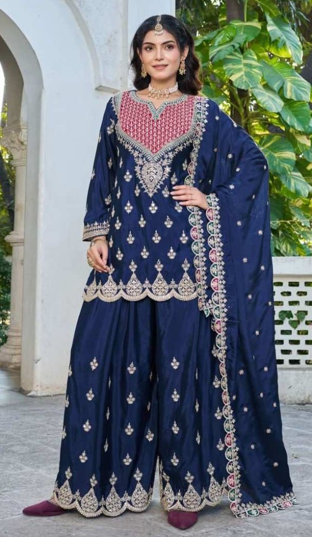 Navy Blue Chinon Designer Palazzo Suit - 220023 
