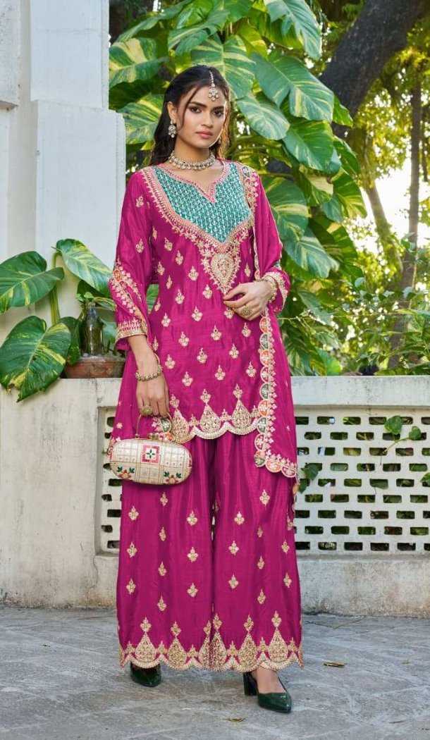 Pink Chinon Embroidered Palazzo Suit - 220024 