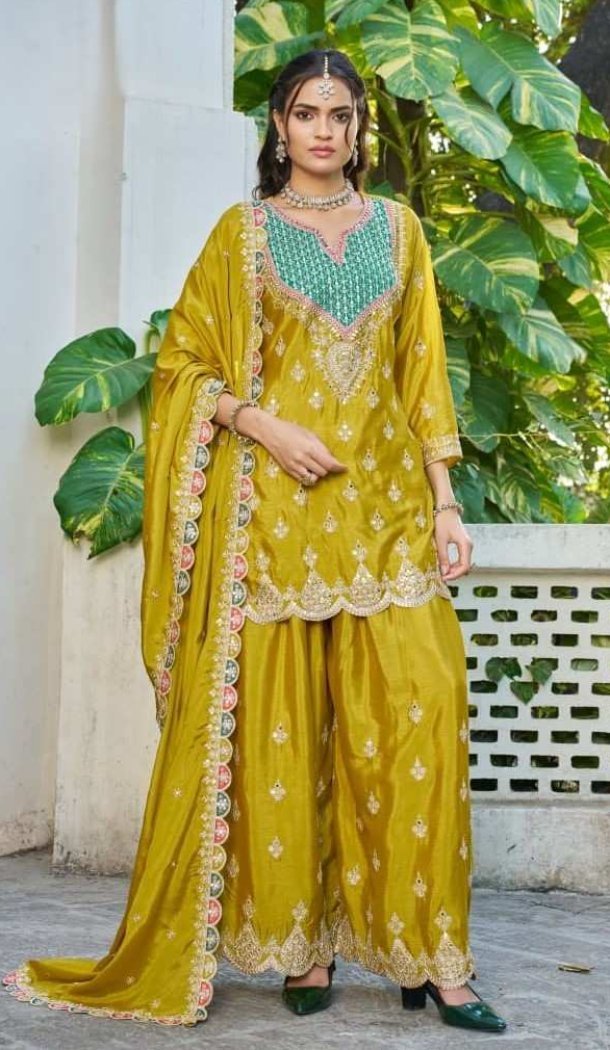 Mustard Chiffon Party Wear Palazzo Suit - 220025