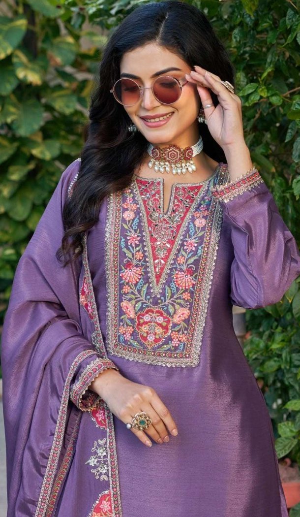 Elegant Purple Chinon Embroidery Palazzo Suit - 220039