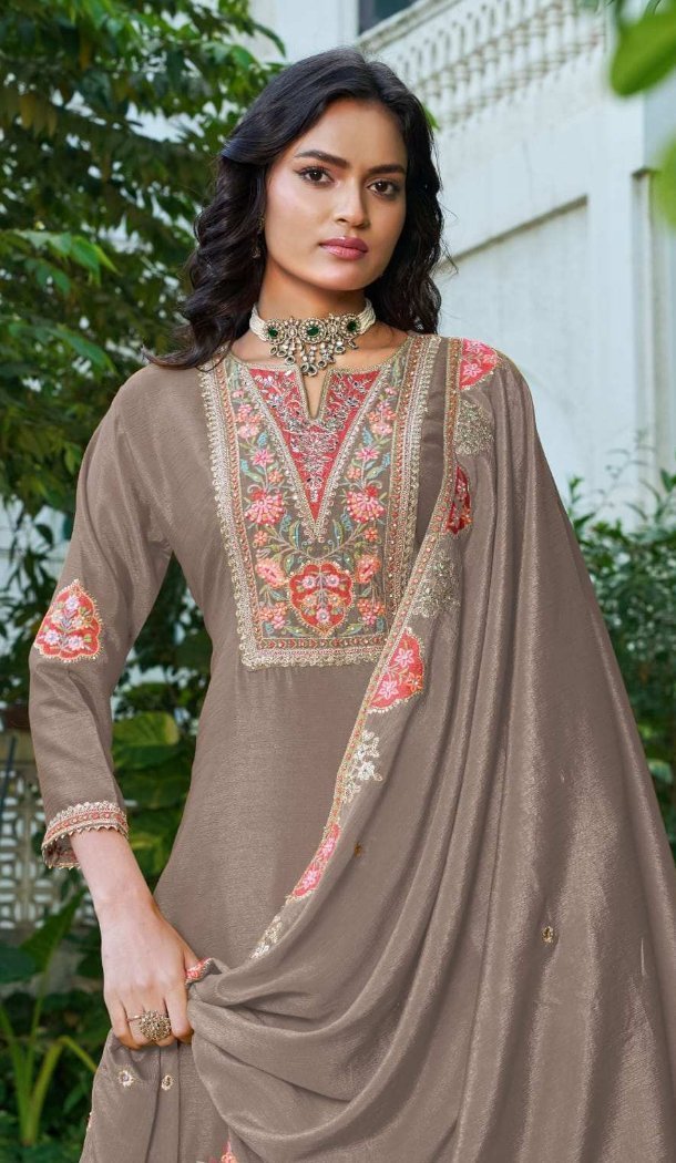 Brown Chinon Embroidery Work Party Wear Suit - 220040