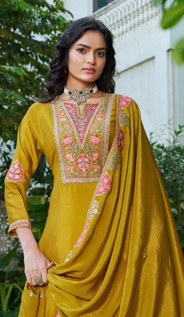 Yellow Chinon Designer Embroidery Palazzo Suit - 220041