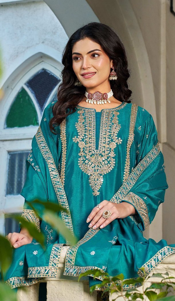 Teal Blue Chinon Embroidery Work Palazzo Suit - 220089