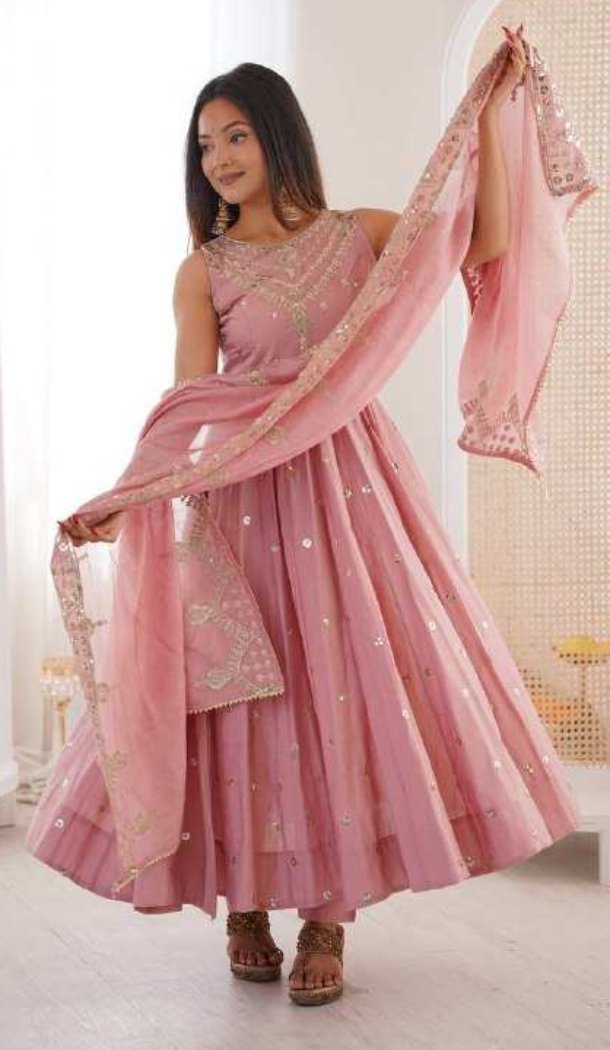 Baby Pink Roman Silk Embroidery Work Anarkali Salwar Suit - 220145