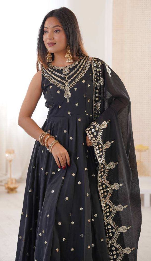 Black Roman Silk Sequence Work Anarkali Salwar Suit - 220146