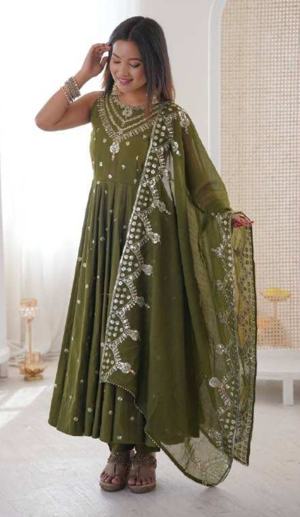 Mehendi Green Roman Silk Designer Anarkali Salwar Suit - 220147