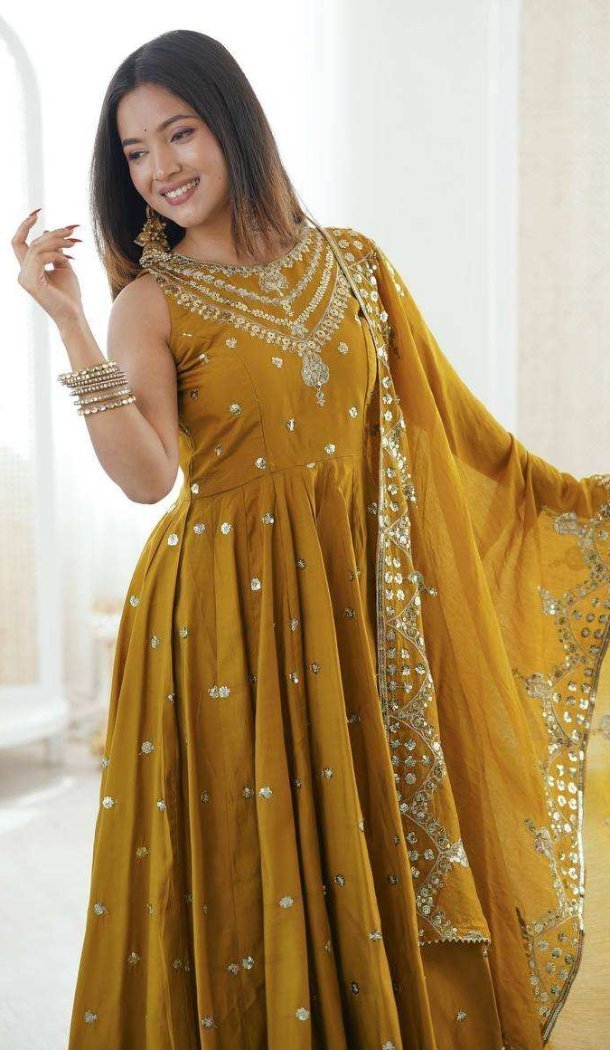 Mustard Roman Silk Embroidery Sequence Anarkali Salwar Suit - 220148