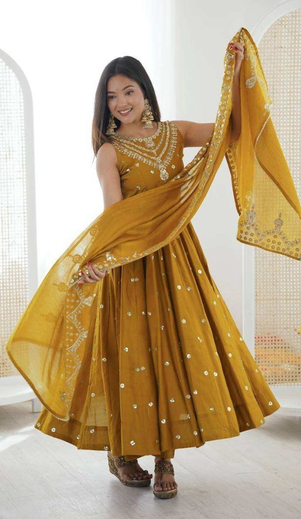 Mustard Roman Silk Embroidery Sequence Anarkali Salwar Suit - 220148