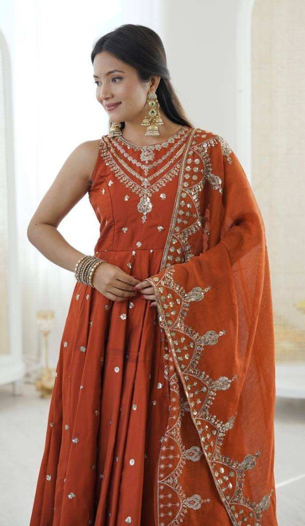 Orange Roman Silk Party Wear Anarkali Salwar Suit - 220149