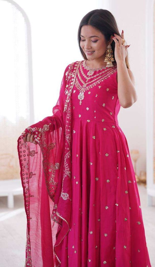 Pink Roman Silk Embroidery Work Anarkali Salwar Suit - 220150