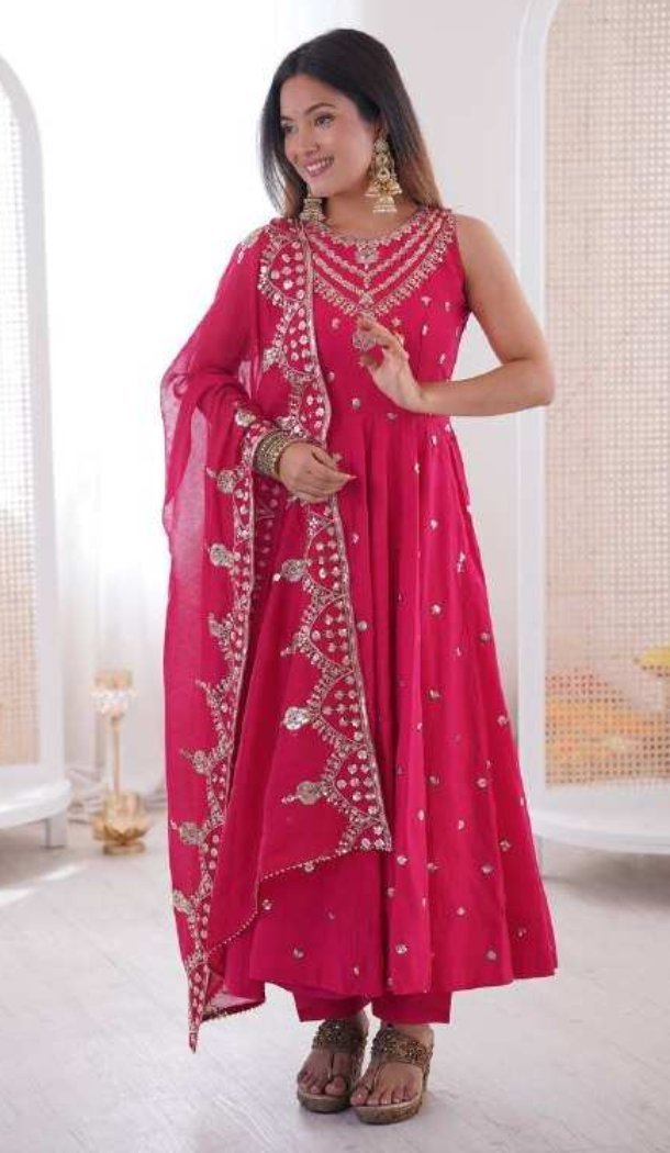 Pink Roman Silk Embroidery Work Anarkali Salwar Suit - 220150