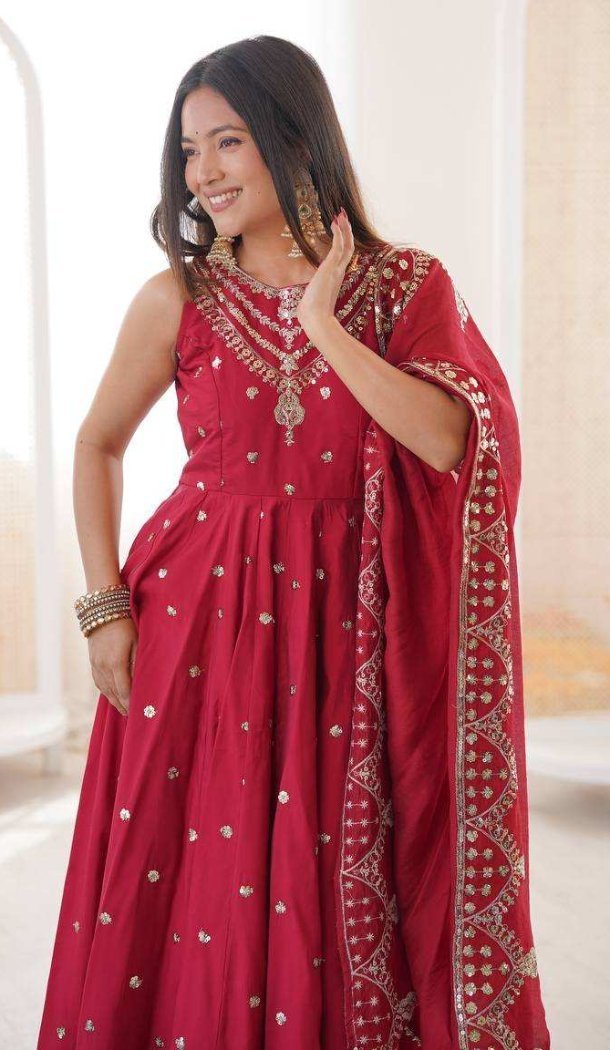 Red Roman Silk Sequence Work Anarkali Salwar Suit - 220151