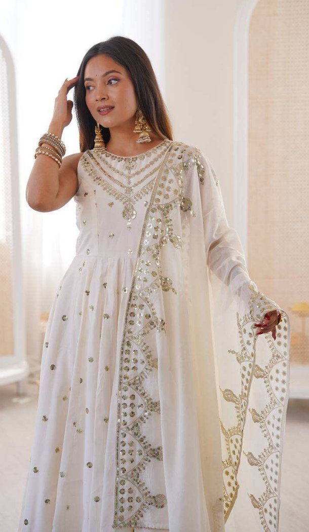 White Roman Silk Designer Anarkali Salwar Suit - 220152