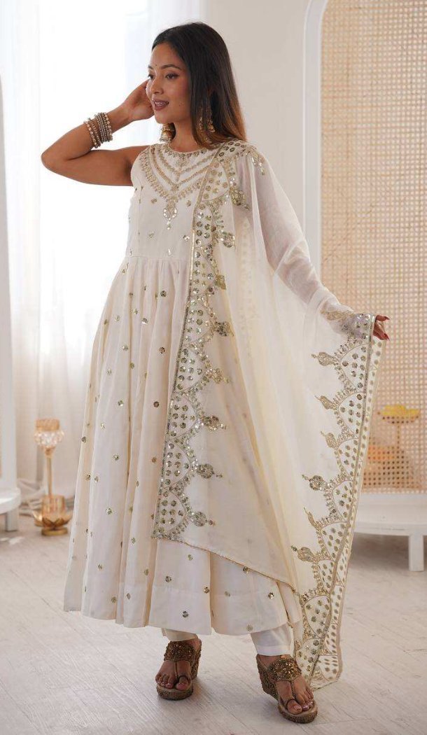 White Roman Silk Designer Anarkali Salwar Suit - 220152