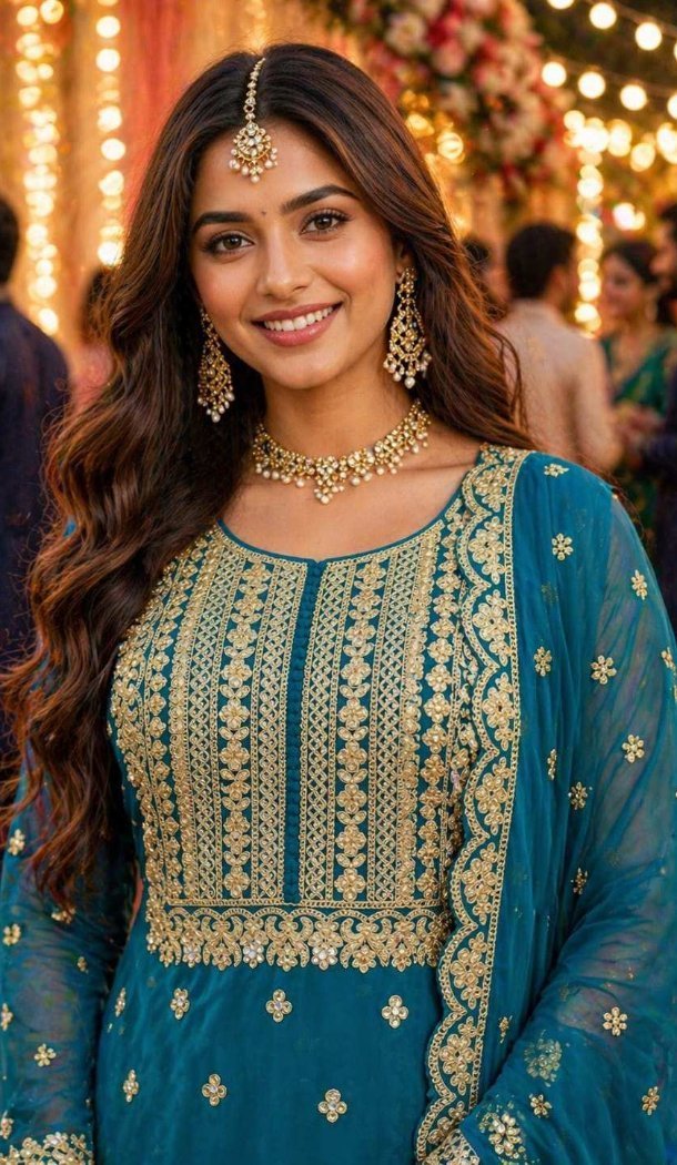 Teal Blue Georgette Embroidery Sharara Suit - 220169