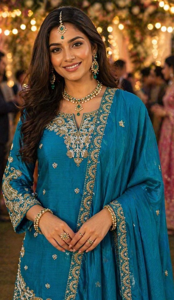 Blue Chinon Silk Embroidery Work Palazzo Suit - 220171