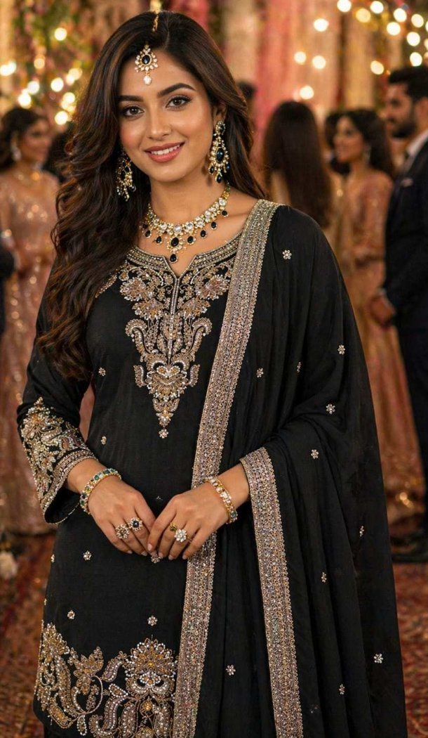 Black Chinon Silk Beads Work Palazzo Suit - 220172