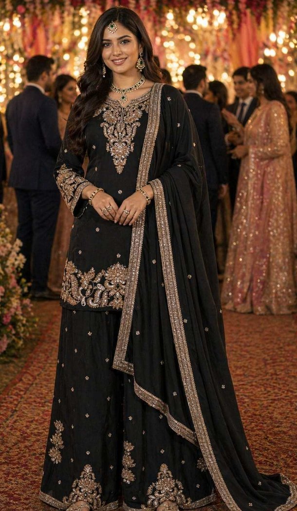 Black Chinon Silk Beads Work Palazzo Suit - 220172